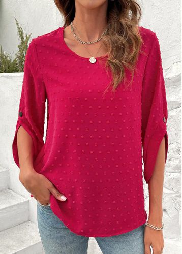 Hot Pink Button 3/4 Sleeve Round Neck Blouse - unsigned - Modalova