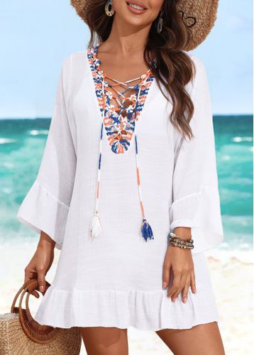 Patchwork Lace Up White Cover Up - unsigned - Modalova