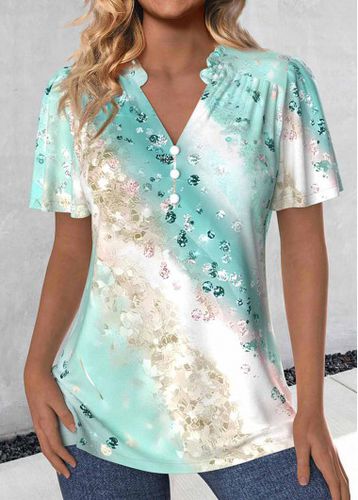 Mint Green Ruched Ombre Short Sleeve V Neck Blouse - unsigned - Modalova