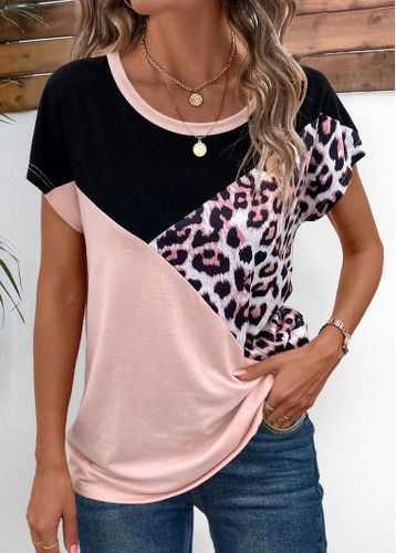 Light Pink Patchwork Leopard Short Sleeve T Shirt - unsigned - Modalova