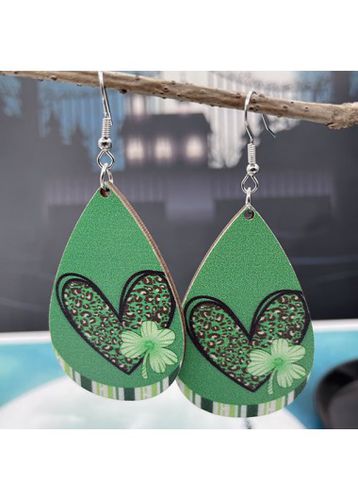 Green Wood Heart Clover Geometric Earrings - unsigned - Modalova