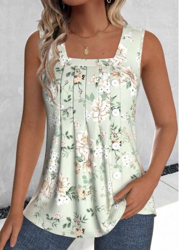 Sage Green Tuck Stitch Floral Print Sleeveless Tank Top - unsigned - Modalova