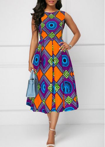 Multi Color Patchwork Tribal Print Sleeveless Round Neck Dress - unsigned - Modalova