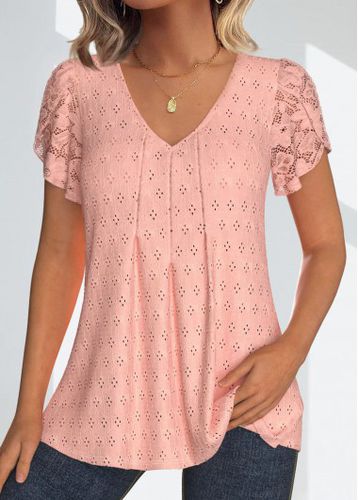 Dusty Pink Lace Short Sleeve V Neck Blouse - unsigned - Modalova