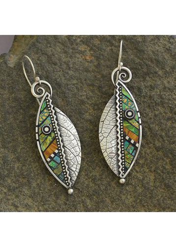 Silver Beaded Leaf Design Metal Earrings - unsigned - Modalova