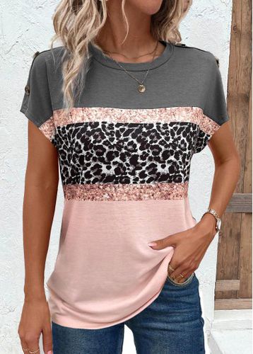 Pink Button Leopard Short Sleeve Round Neck T Shirt - unsigned - Modalova