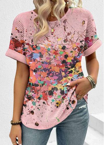 Pink Patchwork Dazzle Colorful Print Short Sleeve T Shirt - unsigned - Modalova