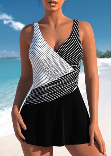 Surplice Striped Black One Piece Swimdress - unsigned - Modalova