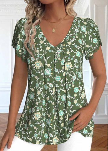 Olive Green Embroidery Ditsy Floral Print T Shirt - unsigned - Modalova