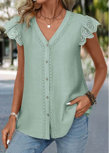 Sage Green Patchwork Short Sleeve V Neck Blouse - unsigned - Modalova