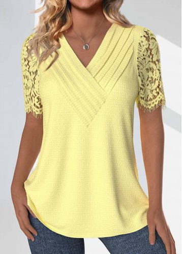 Light Yellow Lace Short Sleeve V Neck T Shirt - unsigned - Modalova