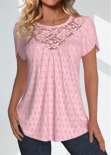 Light Pink Lace Short Sleeve Round Neck T Shirt - unsigned - Modalova