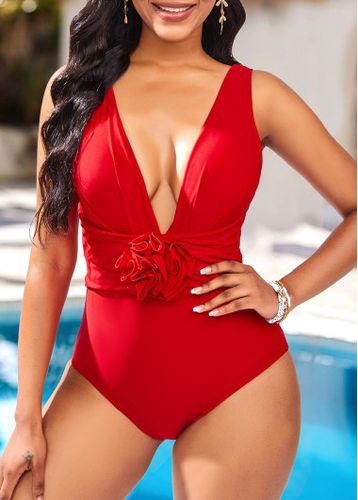 Ruched Red Floral Design One Piece Swimwear - unsigned - Modalova