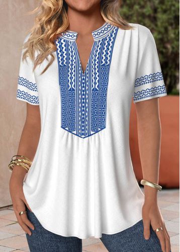 White Patchwork Tribal Print Short Sleeve Split Neck Blouse - unsigned - Modalova