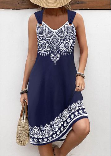 Navy Breathable Tribal Print A Line Sleeveless Dress - unsigned - Modalova