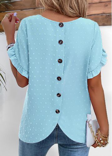 Light Blue Button Short Sleeve Round Neck Blouse - unsigned - Modalova