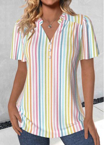 Multi Color Frill Striped Short Sleeve V Neck Blouse - unsigned - Modalova