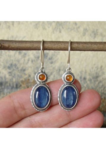 Blue Round Vintage Design Metal Earrings - unsigned - Modalova