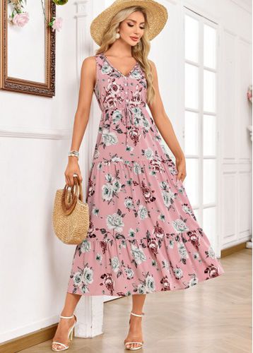 Light Pink Ruched Floral Print Sleeveless V Neck Dress - unsigned - Modalova