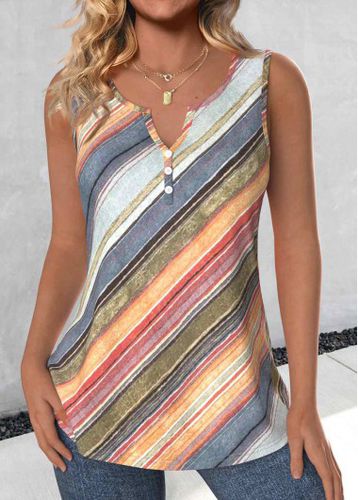 Multi Color Button Striped Sleeveless Split Neck Tank Top - unsigned - Modalova