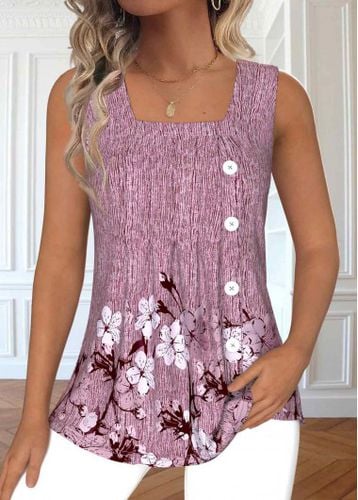 Dark Reddish Purple Button Floral Print Sleeveless Tank Top - unsigned - Modalova