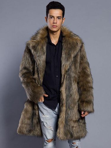 Brown Faux Fur Coat Men Overcoat Turndown Collar Long Sleeve Winter Coat - milanoo.com - Modalova