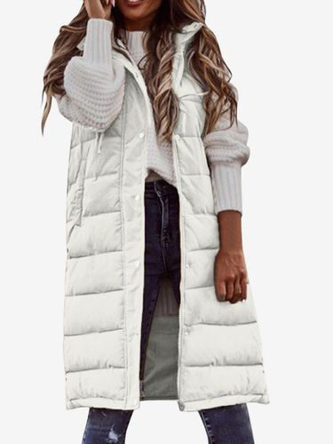WinterÂ Coats Khaki Long Hooded Zipper Sleeveless Casual Winter Coat Outerwear - milanoo.com - Modalova
