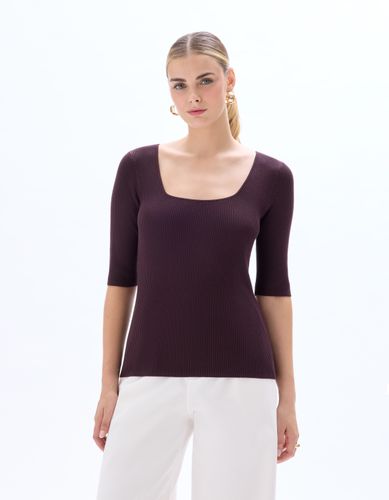 T-shirt en maille côtelée col carré - marron - celio - Modalova