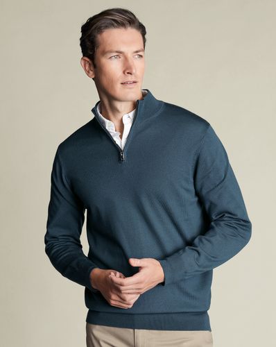 Men's Merino Zip Neck Wool Jumper - Petrol , XXL by - Charles Tyrwhitt - Modalova