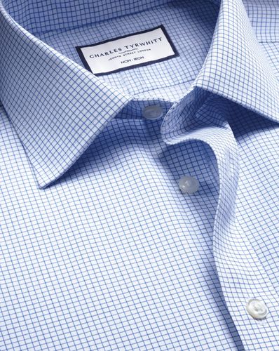 Men's Non-Iron Twill Mini Grid Checkered Cotton Formal Shirt - Cornflower Single Cuff, Medium by - Charles Tyrwhitt - Modalova