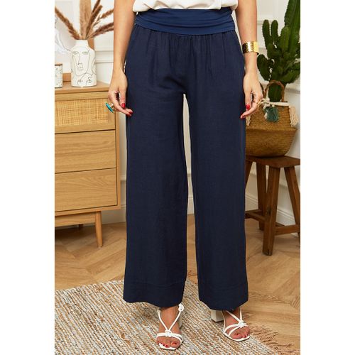 Navy Straight Leg Linen Trouser - LE MONDE DU LIN - Modalova