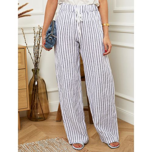 Blue Stripe Wide Linen Trousers - LE MONDE DU LIN - Modalova