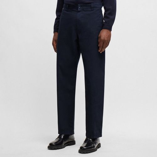 Navy Straight Cotton Blend Trousers - BOSS - Modalova