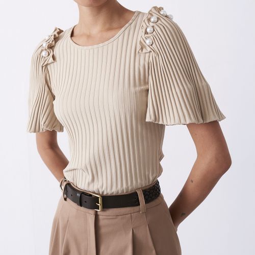 Beige Flutter Ribbed Pearl Top - Mother Of Pearl - Modalova