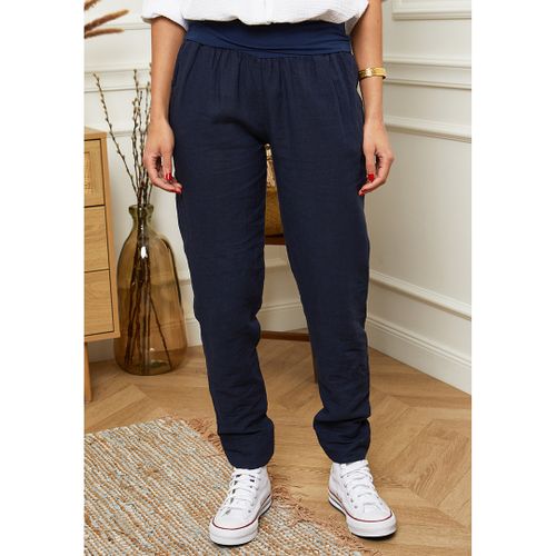 Navy Slim Fit Linen Trousers - LE MONDE DU LIN - Modalova