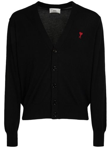 Cardigan In Lana Tricot Con Logo - AMI PARIS - Modalova