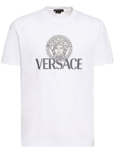 Logo Printed Cotton T-shirt - VERSACE - Modalova