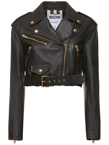 Chaqueta De Piel Con Logo Y Cinturón - MOSCHINO - Modalova