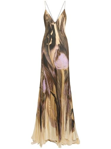 Printed Viscose Satin Long Dress - ROBERTO CAVALLI - Modalova