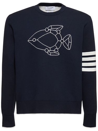 Cotton Blend Jacquard Crewneck Sweater - THOM BROWNE - Modalova