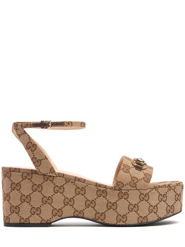 Mm Horsebit Canvas Flatform Sandals - GUCCI - Modalova