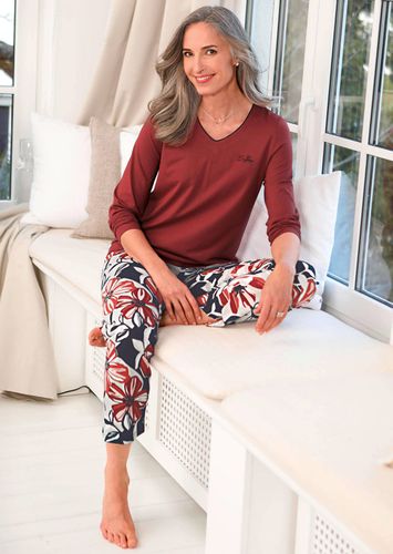 Pyjama mit Langarm und V-Ausschnitt - / marine / beige / gemustert - Gr. 40/42 von - Goldner Fashion - Modalova