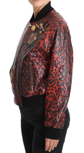 Leopard Button Crystal Leather Jacket Lamb Wool Elastane Clothing - Women - Dolce & Gabbana - Modalova