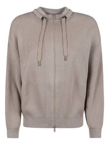 Half English Rib Full Zip Crew Neck Sweater With Neck Ties - Brunello Cucinelli - Modalova