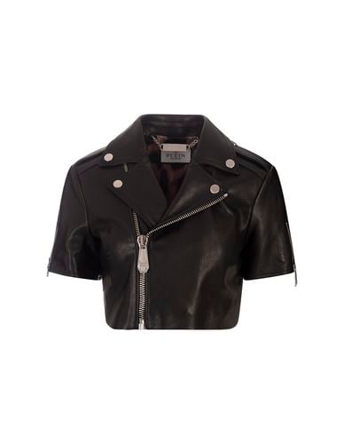 Leather Cropped Biker Short Sleeve Jacket - Philipp Plein - Modalova