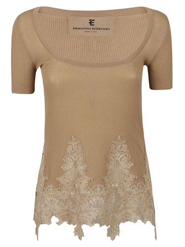 Lace Paneled Wide Neck Knit Top - Ermanno Scervino - Modalova