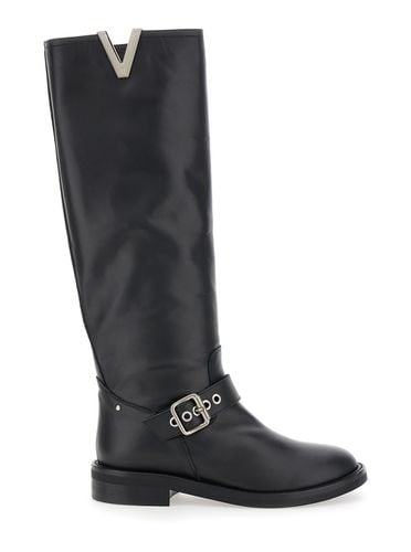 Knee Boots With V-lateral Detailing In Leather Woman - Via Roma 15 - Modalova