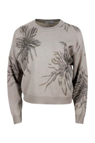 Long-sleeved Round-neck Wool, Silk And Cashmere Sweater With Flower Print Embellished With Lurex - Brunello Cucinelli - Modalova