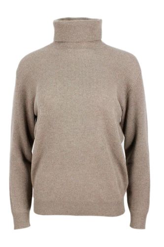 High Neck Sweater In Soft And Pure Cashmere Half English Rib With Monili Detail On The Neck In The Back - Brunello Cucinelli - Modalova