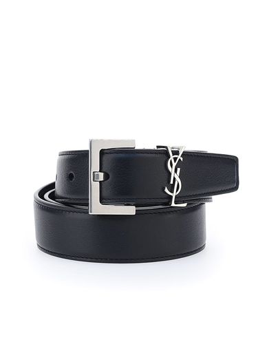 Leather Belt With Silver Logo - Saint Laurent - Modalova
